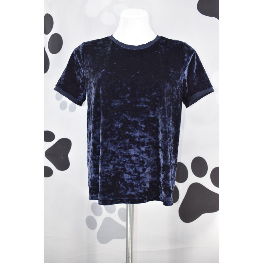 A New Day Short Sleeve Soft Crushed Velvet Crew Neck Top Navy Blue Size Small